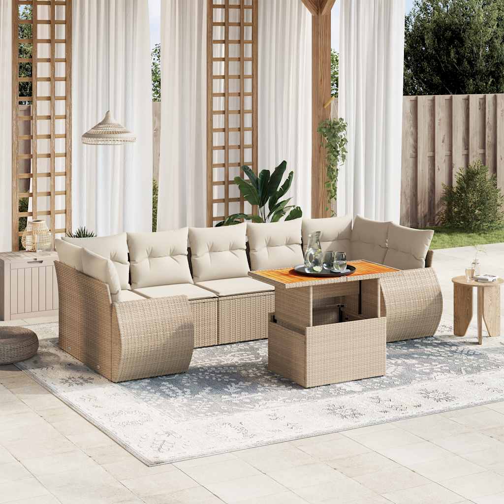 8-tlg. Garten-Sofagarnitur mit Kissen Beige Poly Rattan